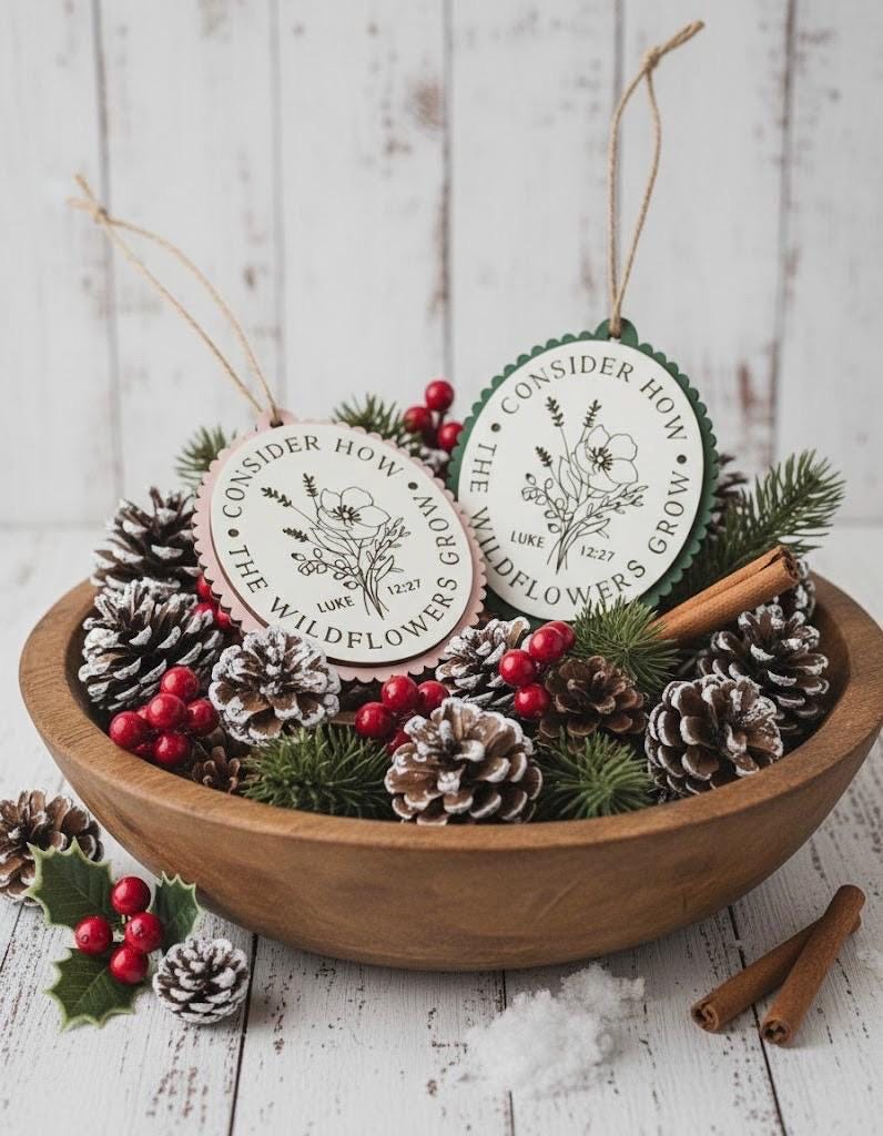 Luke 12:27 Wildflowers Scripture Ornament – Wooden Christian Christmas Décor