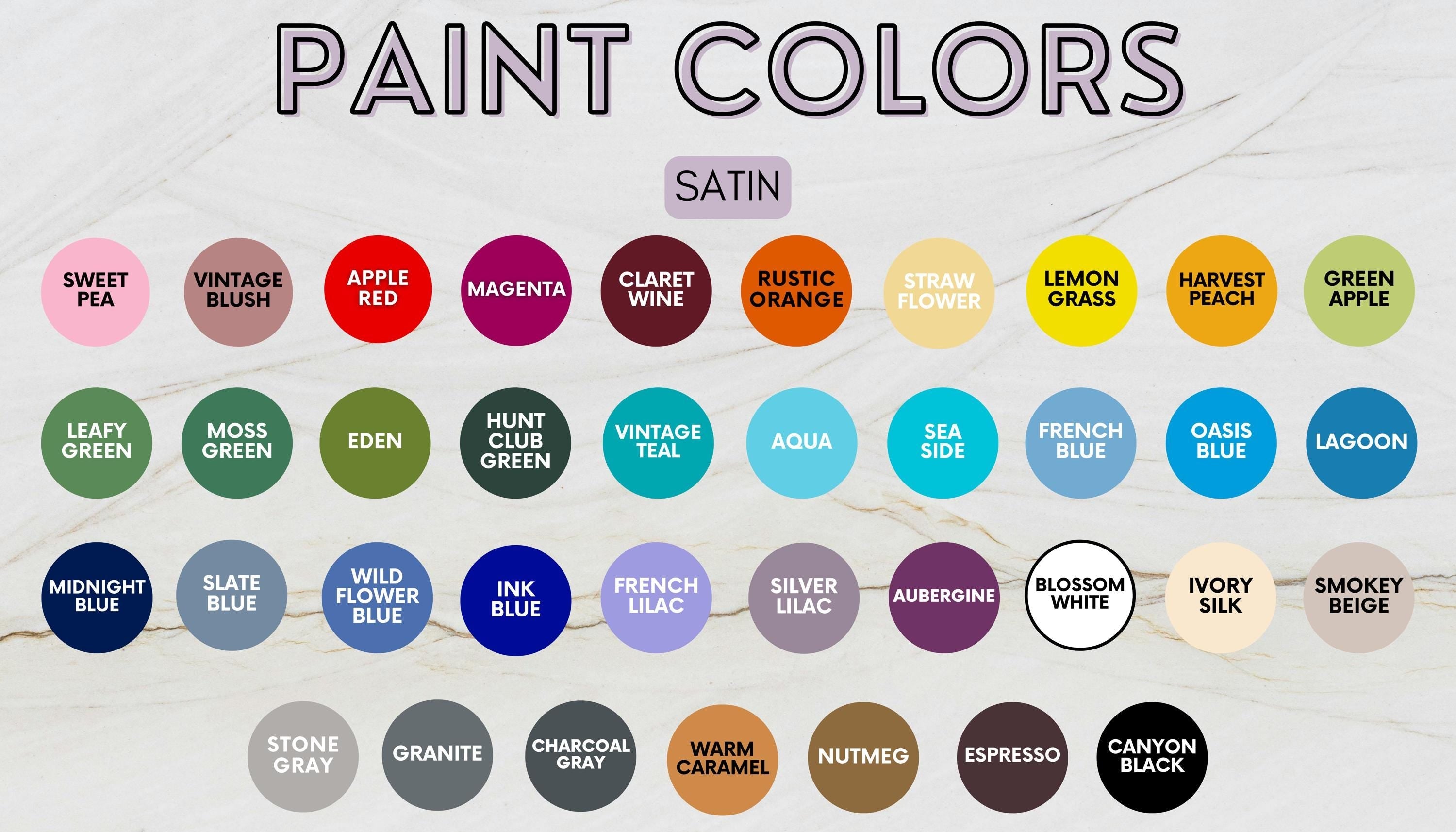 Color swatch chart with various paint color names and codes on a white background
